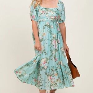By the river Mint Floral Pleated Bust Puff Sleeve Midi